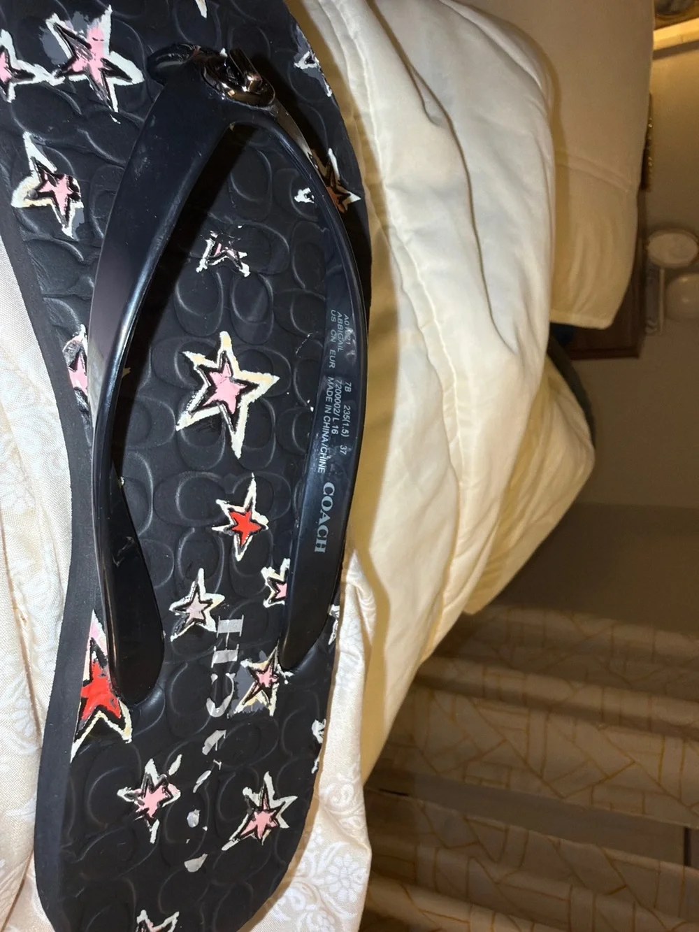 COACH Black Flip Flops with Pink & Red Star Print